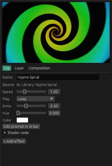 Clip inspector with speed, play mode and the shader's own parameters