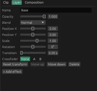 Layer inspector with blend mode, transform, transition time and A/B crossfader assignment