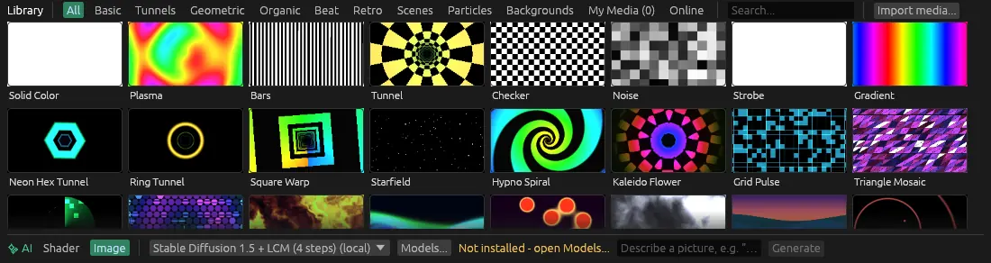 Library panel with category tabs and live-rendered previews of built-in visuals